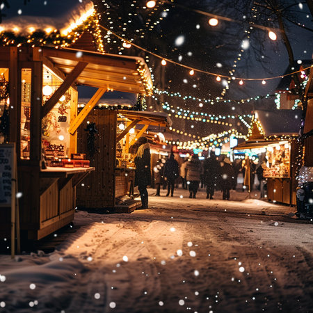 Christmas market in Riga, Latvia. People walking on the street at night.の素材