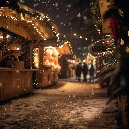 Christmas market at night with people walking in the snow. Selective focus.の素材