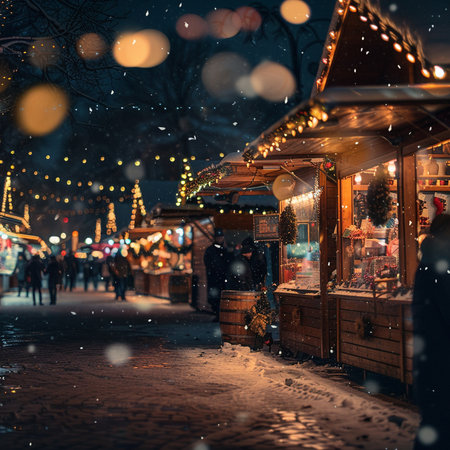 Christmas market in Gdansk, Poland on a snowy winter night.の素材