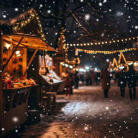 Christmas market in Riga, Latvia on a snowy winter evening.の素材