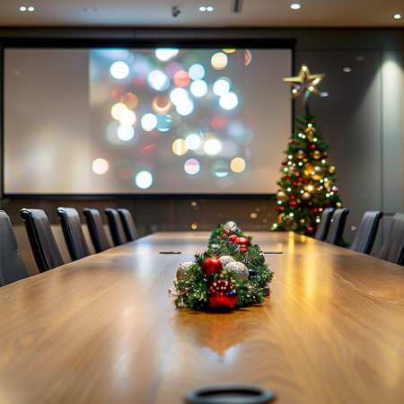 Christmas tree and decorations in a modern meeting room. Christmas background.の素材