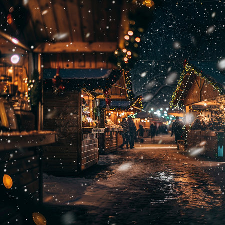 Christmas market in the old town of Riga, Latvia on a snowy winter night.の素材