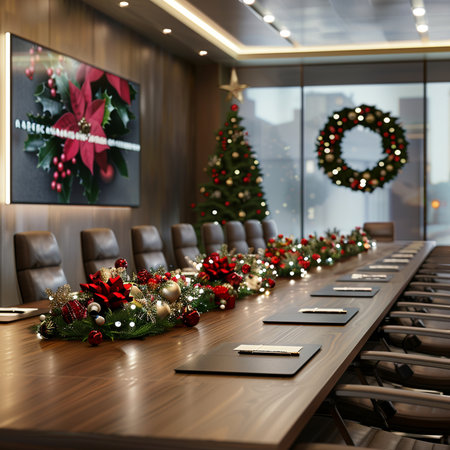 Christmas meeting room with christmas tree and decorations 3d render imageの素材