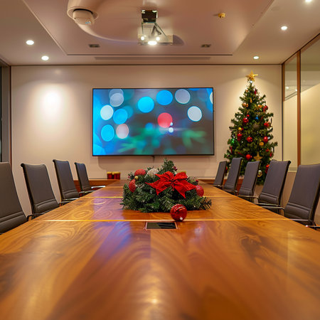 Interior of a conference room with christmas tree and tv setの素材