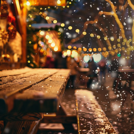 Christmas market in Paris, France. Blurred background with snowfallの素材