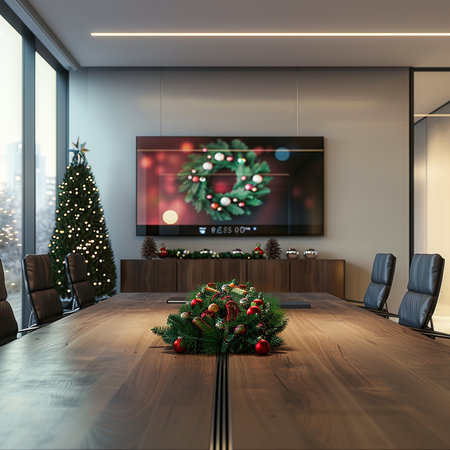 Interior of modern meeting room with christmas tree and decorations 3D renderingの素材