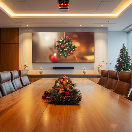 3D rendering of a modern meeting room with Christmas tree and decorationsの素材