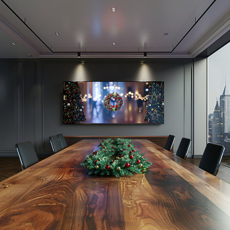 Interior of modern conference room with christmas tree on wall. 3D renderingの素材
