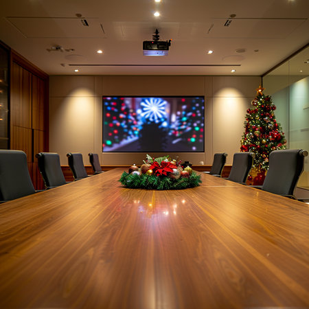 Interior of a modern conference room with christmas tree and lightsの素材