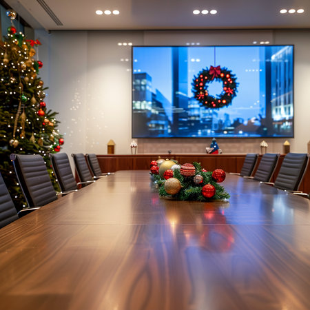 Interior of modern conference room with christmas tree and decorations. 3D renderingの素材