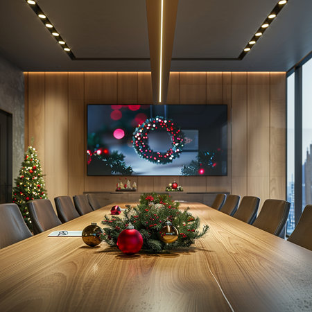 Interior of modern conference room with Christmas decorations. 3d renderingの素材