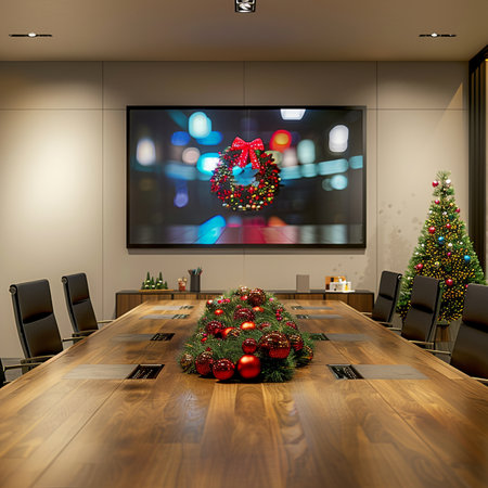 3d rendering business meeting room with christmas tree and tv screenの素材
