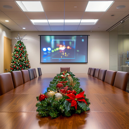 Interior of a modern conference room with christmas tree and lightsの素材