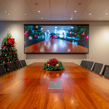 Interior of modern conference room with christmas tree and tv screenの素材