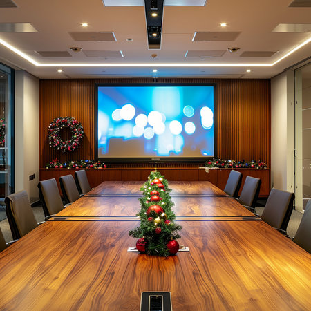 Interior of a conference room with a Christmas tree and a TVの素材