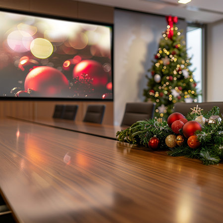 Wooden conference room with christmas tree and decorations in the backgroundの素材