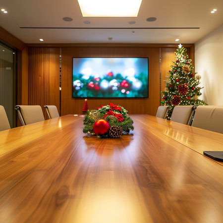 Interior of a modern conference room with christmas tree and decorationsの素材