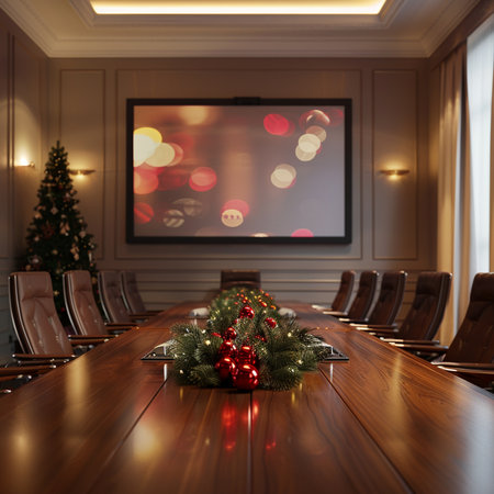 Interior of a conference room with a Christmas tree. 3D renderingの素材