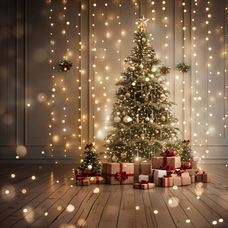 Christmas tree with presents in the interior of the room. 3d renderの素材