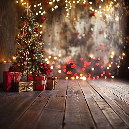 Christmas tree and gifts on wooden floor with bokeh lights backgroundの素材
