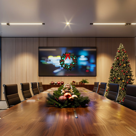 Interior of modern conference room with christmas tree and lights. 3D renderingの素材