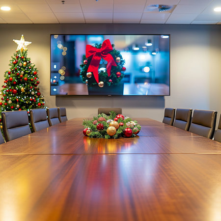 Interior of a modern conference room with christmas tree and decorationsの素材