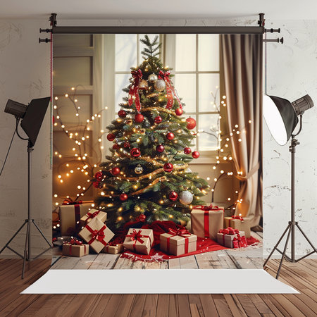 Modern photo studio interior with Christmas tree and gift boxes. 3D Renderingの素材
