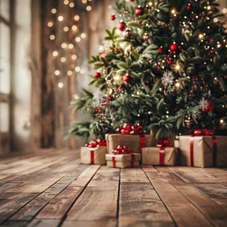 Christmas tree with presents on wooden floor. Christmas and New Year backgroundの素材