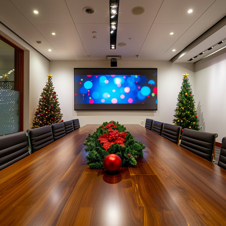 Interior of modern conference room with christmas tree and tv screenの素材