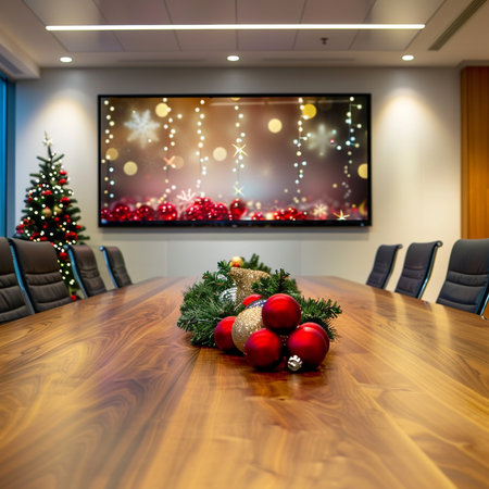 Interior of a conference room with christmas tree and red ballsの素材