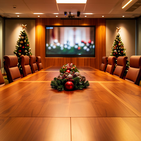 Interior of a conference room with christmas tree on the wallの素材