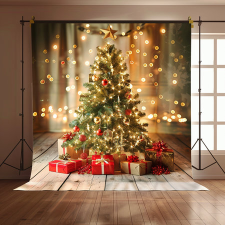 Decorated Christmas tree with gifts in the living room. 3d illustrationの素材