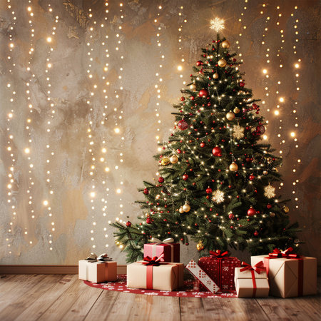 Christmas tree with presents and lights on grunge background. Holiday decorationの素材