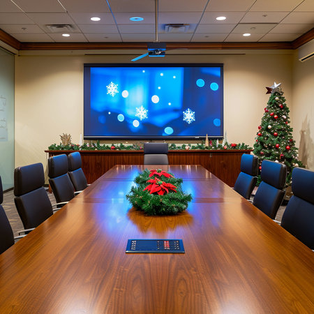 Interior of a modern conference room with christmas tree and presentsの素材