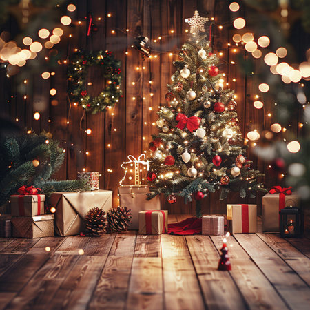 Christmas tree with presents and lights on wooden background. Vintage style toned pictureの素材
