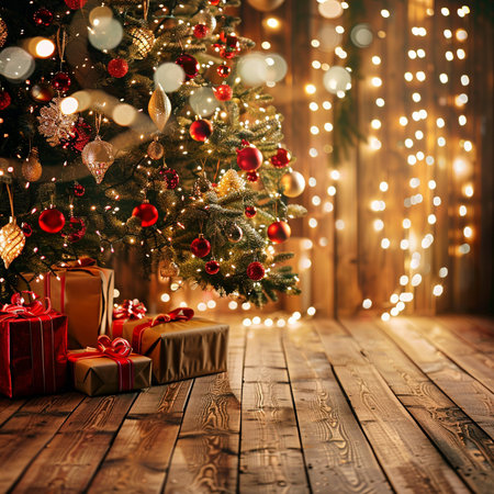 Christmas tree with presents and lights on wooden floor. Christmas background.の素材