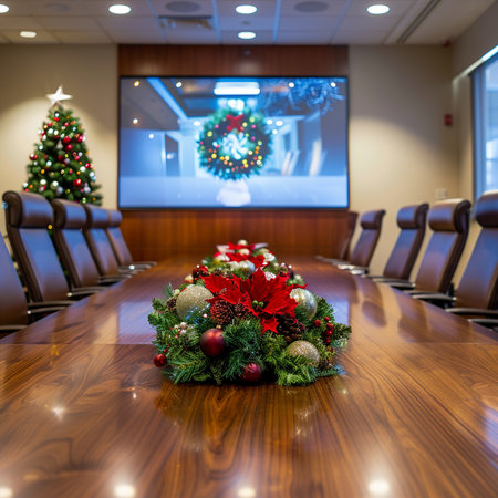 Interior of a modern conference room with christmas tree and decorationsの素材