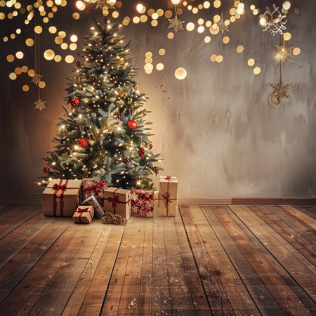 Christmas tree with gifts in a room with a wooden floor. 3d renderの素材