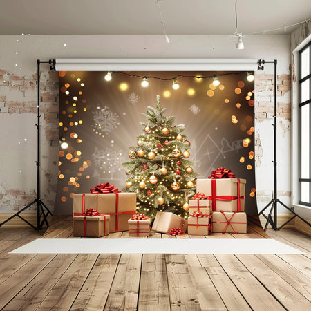 Christmas tree with gifts in the room with a brick wall. 3d renderingの素材