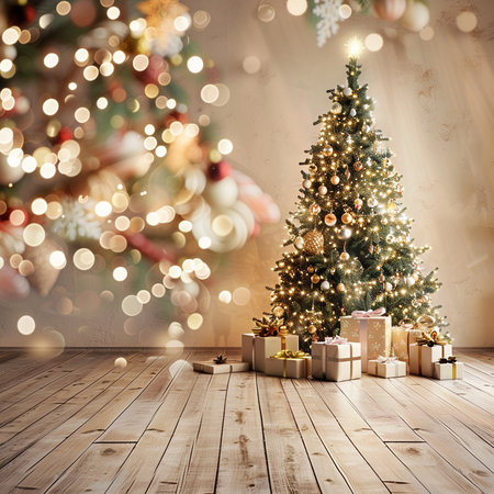 Christmas tree with presents in the living room with bokeh backgroundの素材