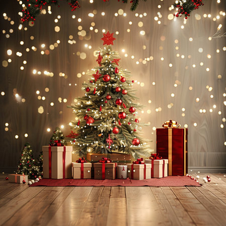 Christmas tree with gifts in front of wooden wall. 3d renderの素材