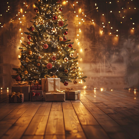 Christmas tree with gifts on a wooden floor in the living room.の素材
