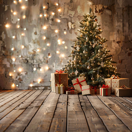 Christmas tree with gifts on a wooden floor in the interior of the roomの素材
