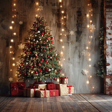 Christmas tree with gifts in a room with a brick wall. Christmas backgroundの素材