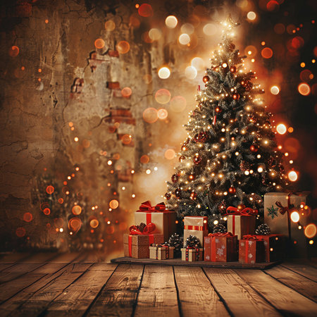 Christmas tree with gifts on a wooden floor against the background of a brick wallの素材