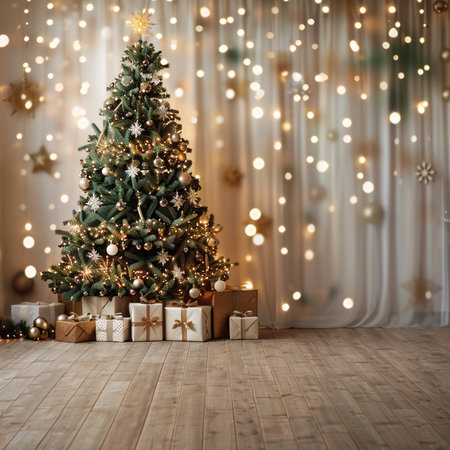 Christmas tree with presents in the room with a garland. 3d renderingの素材