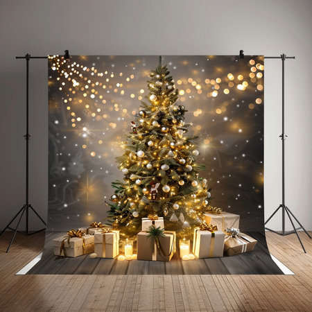 Modern photo studio with Christmas tree and gift boxes. 3D renderingの素材
