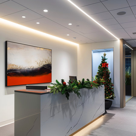 Modern reception desk with Christmas tree in hotel lobby. 3D renderingの素材