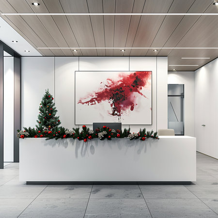 White reception counter in modern hotel lobby with Christmas tree. 3d renderingの素材