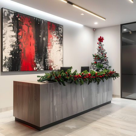 Modern reception desk with Christmas tree and decorations. 3d render.の素材